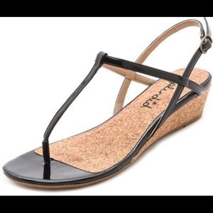 Splendid Edgewood black patent and cork low wedge